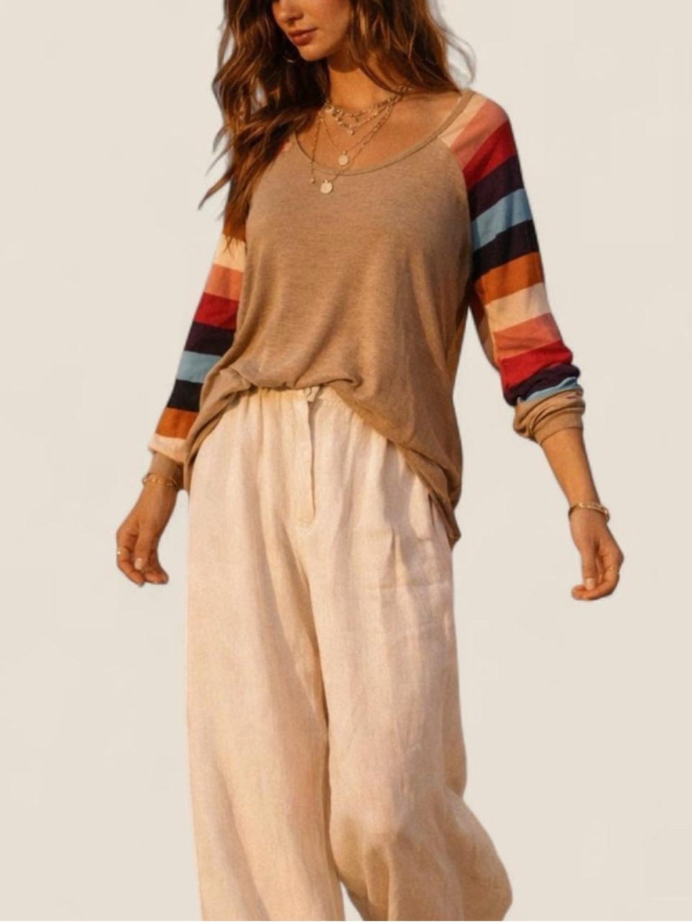 Boho rainbow sleeve neutral top indie desert Coachella umgee | large